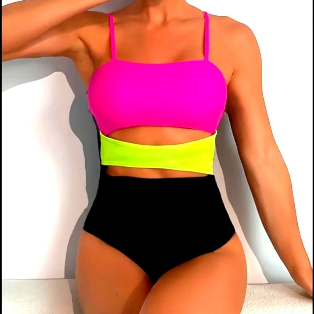 Ladies Colorblock Women's Swimsuit - Pink, Yellow, Black